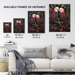 "Artery8 Wall Art Print Pair of Parrots on a Blooming Tree Vintage Painting Burgundy Pink Green Lush Jungle Birds Portrait Poster - Size: W24"" x H32""" - thumbnail 3
