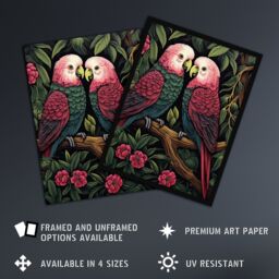 "Artery8 Wall Art Print Pair of Parrots on a Blooming Tree Vintage Painting Burgundy Pink Green Lush Jungle Birds Portrait Poster - Size: W24"" x H32""" - thumbnail 2
