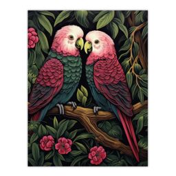"Artery8 Wall Art Print Pair of Parrots on a Blooming Tree Vintage Painting Burgundy Pink Green Lush Jungle Birds Portrait Poster - Size: W24"" x H32""" - thumbnail 1