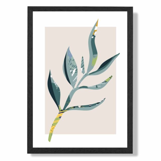 ARTZE Papyrus Leaf Teal & Green Mid Century Modern Framed Print SIZE: A4 with Black Frame - image 1