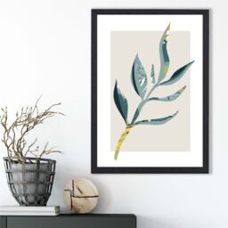 ARTZE Papyrus Leaf Teal & Green Mid Century Modern Framed Print SIZE: A4 with Black Frame - thumbnail 2