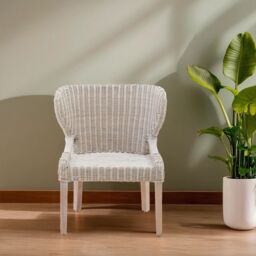 Orsina Wicker Grey Armchair with Wooden Legs, Rattan Outdoor Chair, Hand-woven Wicker Chair for Garden, Lounge in Cream - thumbnail 2