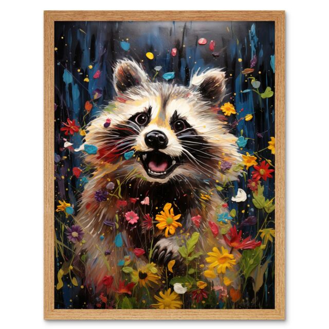 Artery8 Wall Art Print Racoon Romp Playing in a Wildflower Meadow Oil Painting Running Through Flowers in Spring Quirky Portrait Art Framed - image 1