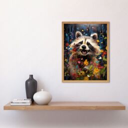Artery8 Wall Art Print Racoon Romp Playing in a Wildflower Meadow Oil Painting Running Through Flowers in Spring Quirky Portrait Art Framed - thumbnail 2