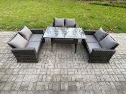 Fimous 6 Seater Rattan Wicker Garden Furniture Patio Conservatory Sofa Set Indoor Outdoor with Dining Table Double Seat Sofa in Dark Grey - thumbnail 2