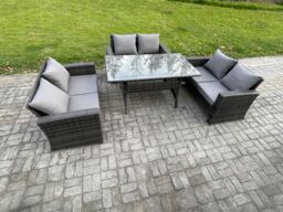 Fimous 6 Seater Rattan Wicker Garden Furniture Patio Conservatory Sofa Set Indoor Outdoor with Dining Table Double Seat Sofa in Dark Grey - thumbnail 1