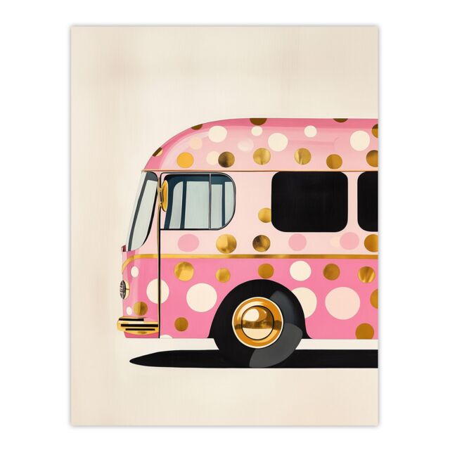"Artery8 Pink Glamour Party Bus Gold Polka Dot Modern Wall Art Print - Size: W24"" x H32""" - image 1