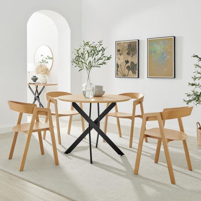 FurnitureboxUK Novara 100cm Oak Veneer Top Round Dining Table & 4 Oak Masa Chairs in Brown - image 1