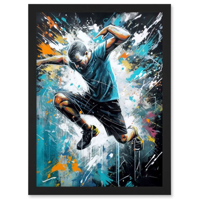 Artery8 Man Doing Parkour Jump Pose Paint Splat Portrait Artwork Framed Wall Art Print A4 in Black - image 1