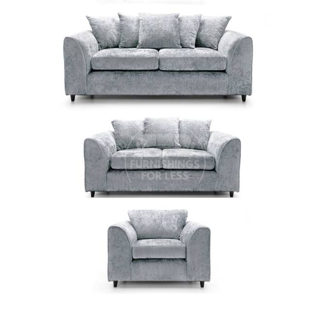 Furnishings For Less UK Monaco Chenille Fabric 3 Piece Sofa Suite - 3, 2 & Armchair Seater Scatter Back in Light Grey - image 1