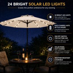 Glamhaus Cream Solar Power LED Tilting Parasol Waterproof Garden Umbrella 2.7M - thumbnail 7
