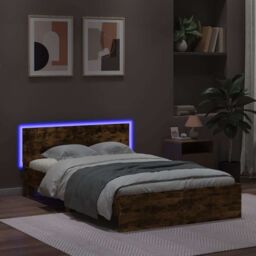 Berkfield Home Bed Frame with Headboard & LED Smoked Oak 120x190 cm Small Double in Brown - thumbnail 3