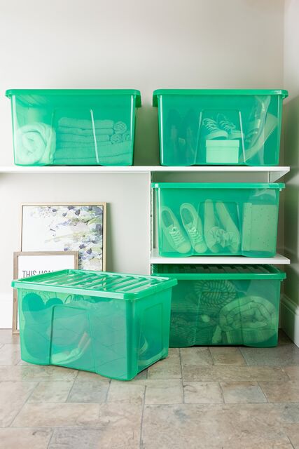 Wham Crystal 5 x 60L Stackable Plastic Storage Boxes with Lids in Green - image 1