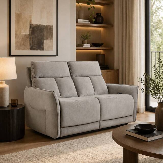 Aspire Grayson Fabric Upholstered Power Recliner Two Seater Sofa with USB in Fawn - Size: 2 Seater - image 1