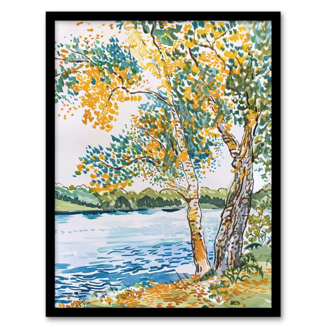 "Artery8 Seine Paris River Bank Autumn Tree Watercolour Framed Art Print - Size: W12"" x H16""" - image 1