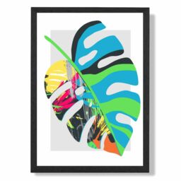 ARTZE Monstera Blue & Green Abstract Minimalist Framed Print SIZE: A2 with Black Frame in Mid Blue - Size: A4 - thumbnail 1