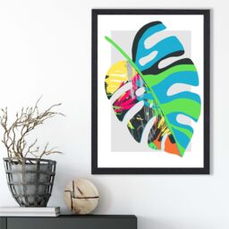 ARTZE Monstera Blue & Green Abstract Minimalist Framed Print SIZE: A2 with Black Frame in Mid Blue - Size: A4 - thumbnail 2