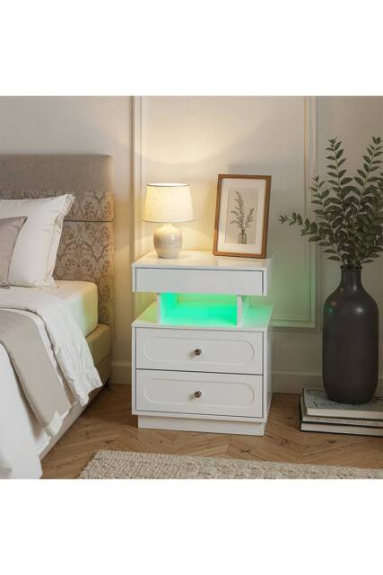 Living and Home Modern 3-Drawer Bedside Table with RGB Lighting in White - image 1