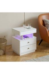 Living and Home Modern 3-Drawer Bedside Table with RGB Lighting in White - thumbnail 6