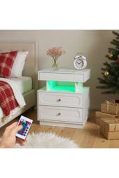 Living and Home Modern 3-Drawer Bedside Table with RGB Lighting in White - thumbnail 5