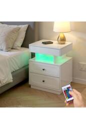 Living and Home Modern 3-Drawer Bedside Table with RGB Lighting in White - thumbnail 3