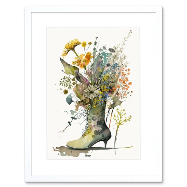 "Artery8 Wall Art Print Spring Wildflower Bouquet Stiletto Military Boot Artwork Framed 9X7 Inch in White - Size: W7"" x H9""" - image 1