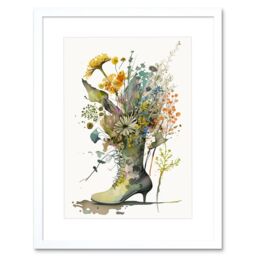 "Artery8 Wall Art Print Spring Wildflower Bouquet Stiletto Military Boot Artwork Framed 9X7 Inch in White - Size: W7"" x H9""" - thumbnail 1