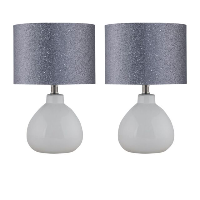 First Choice Lighting Set of 2 Tuscan - White Ceramic Lamps with Silver Grey Glitter Shade - image 1