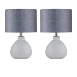 First Choice Lighting Set of 2 Tuscan - White Ceramic Lamps with Silver Grey Glitter Shade - thumbnail 1