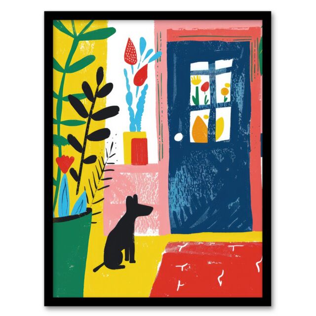 "Artery8 Wall Art Print Pet Waiting for Owner Dog Lover Colourful Art Framed Poster in Black - Size: W12"" x H16""" - image 1