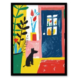 "Artery8 Wall Art Print Pet Waiting for Owner Dog Lover Colourful Art Framed Poster in Black - Size: W12"" x H16""" - thumbnail 1