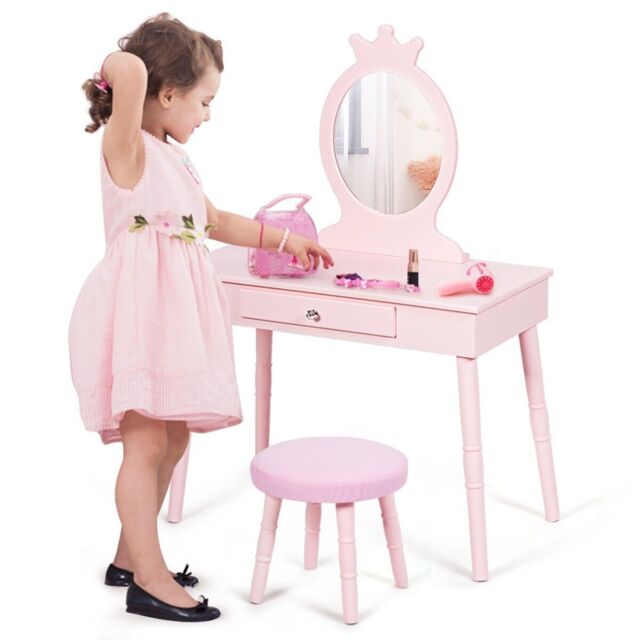 Gymax Vanity Table & Chair Set Pretend Makeup Dressing Table With Mirror in Pink - image 1