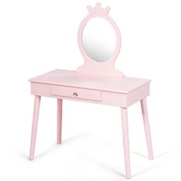 Gymax Vanity Table & Chair Set Pretend Makeup Dressing Table With Mirror in Pink - thumbnail 9