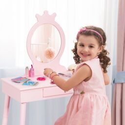 Gymax Vanity Table & Chair Set Pretend Makeup Dressing Table With Mirror in Pink - thumbnail 4