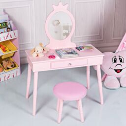Gymax Vanity Table & Chair Set Pretend Makeup Dressing Table With Mirror in Pink - thumbnail 3