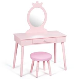 Gymax Vanity Table & Chair Set Pretend Makeup Dressing Table With Mirror in Pink - thumbnail 8