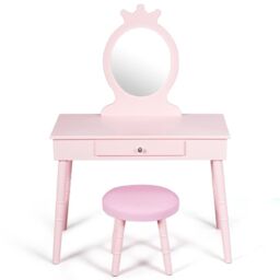 Gymax Vanity Table & Chair Set Pretend Makeup Dressing Table With Mirror in Pink - thumbnail 7
