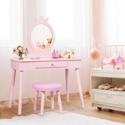 Gymax Vanity Table & Chair Set Pretend Makeup Dressing Table With Mirror in Pink - thumbnail 6