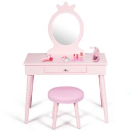 Gymax Vanity Table & Chair Set Pretend Makeup Dressing Table With Mirror in Pink - thumbnail 5