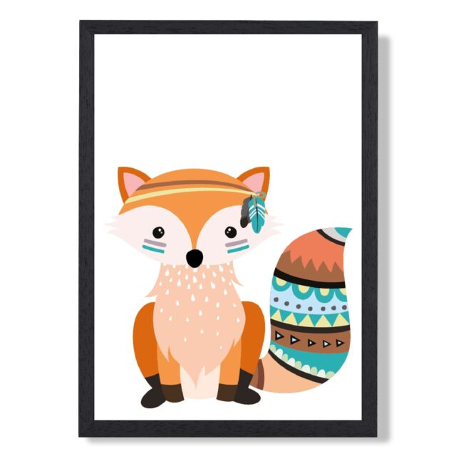 ARTZE Orange Fox Tribal Animal Framed Print SIZE: A2 with Black Frame - Size: A4 - image 1