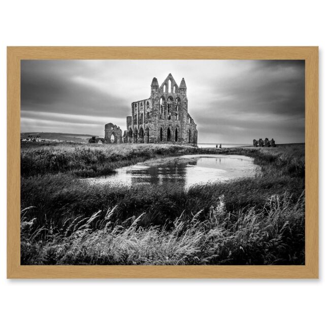 Artery8 Photo Landscape Whitby Abbey Ruin England UK Black White Artwork Framed Wall Art Print A4 in Light Oak - image 1
