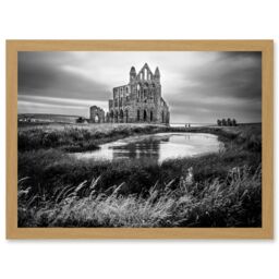 Artery8 Photo Landscape Whitby Abbey Ruin England UK Black White Artwork Framed Wall Art Print A4 in Light Oak - thumbnail 1