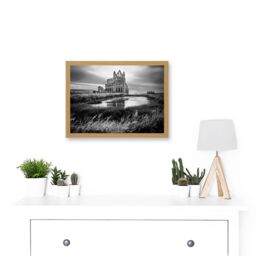 Artery8 Photo Landscape Whitby Abbey Ruin England UK Black White Artwork Framed Wall Art Print A4 in Light Oak - thumbnail 2