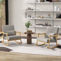 Costway Wooden Rocking Accent Chair Upholstered Rocker Armchair with Rubber Wood Armrests in Natural - thumbnail 4