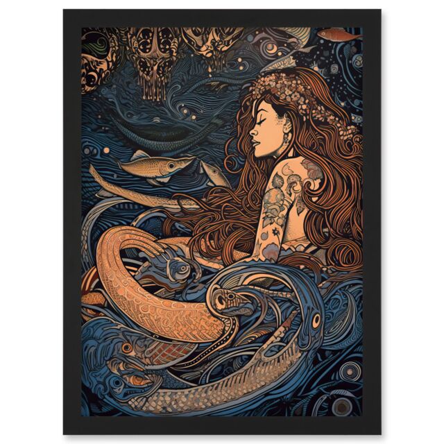 Artery8 Little Mermaid & Aquatic Animals Illustration Artwork Framed Wall Art Print A4 in Black - image 1