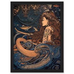 Artery8 Little Mermaid & Aquatic Animals Illustration Artwork Framed Wall Art Print A4 in Black - thumbnail 1