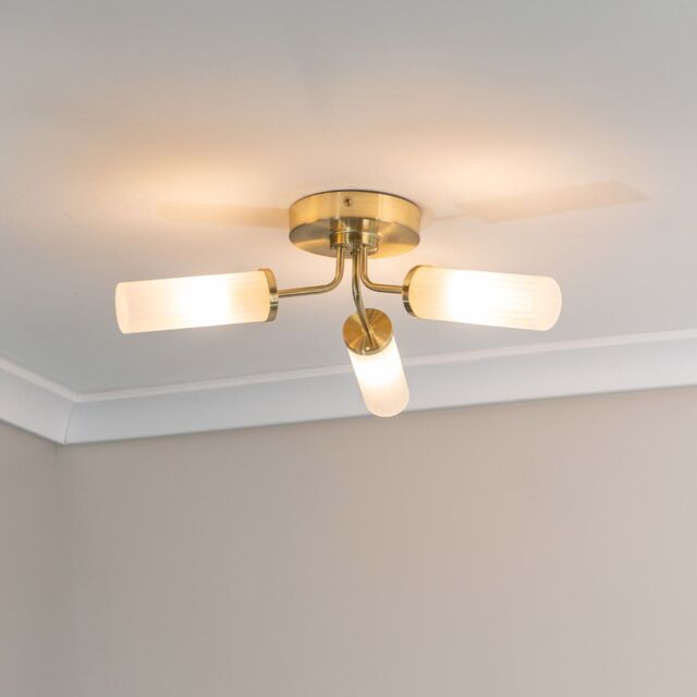 ValueLights Canya 3 Way IP44 Bathroom Frosted Reed Glass Flush Ceiling Light with LED Bulbs in Gold - image 1