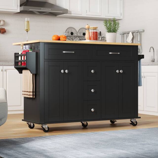 Merax Kitchen Island Trolley with Cabinet, Foldable Countertop & 5 Drawers in Black - image 1