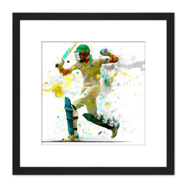 Artery8 Sports Cricket Batsman Motion Throw Splatter Oil Painting Square Wooden Framed Wall Art Print Picture 8X8 Inch in Black - image 1
