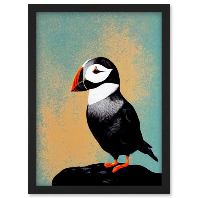 Artery8 Cute Puffin Bird on Rock Modern Print Illustration Artwork Framed Wall Art Print A4 in Black - image 1